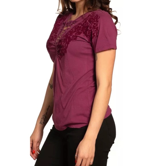 Affliction Women's T-Shirt FLORETTA PINK Cross Biker Wings - Picture 3 of 5